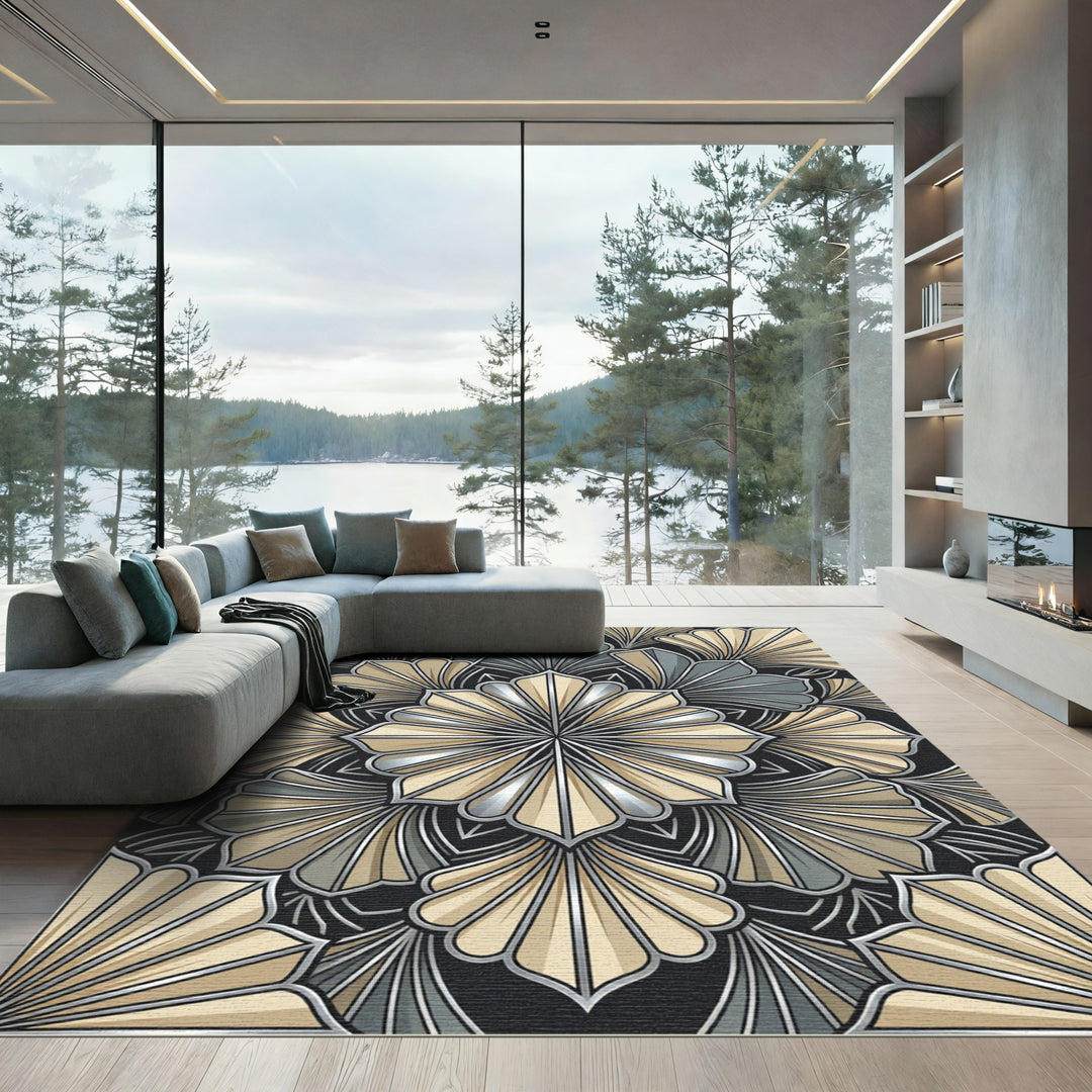 Art Deco Fan Shell Teal Gold Rug