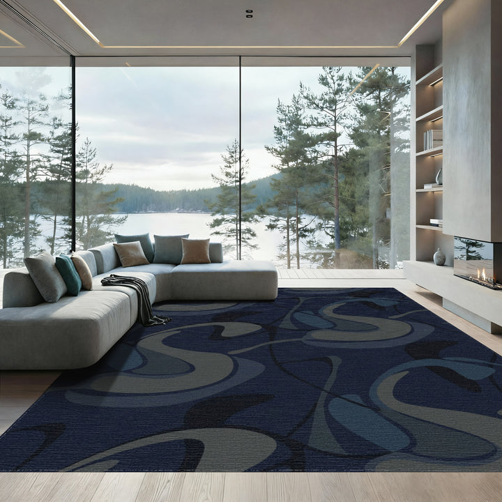 Modern Navy Swirl Abstract Rug