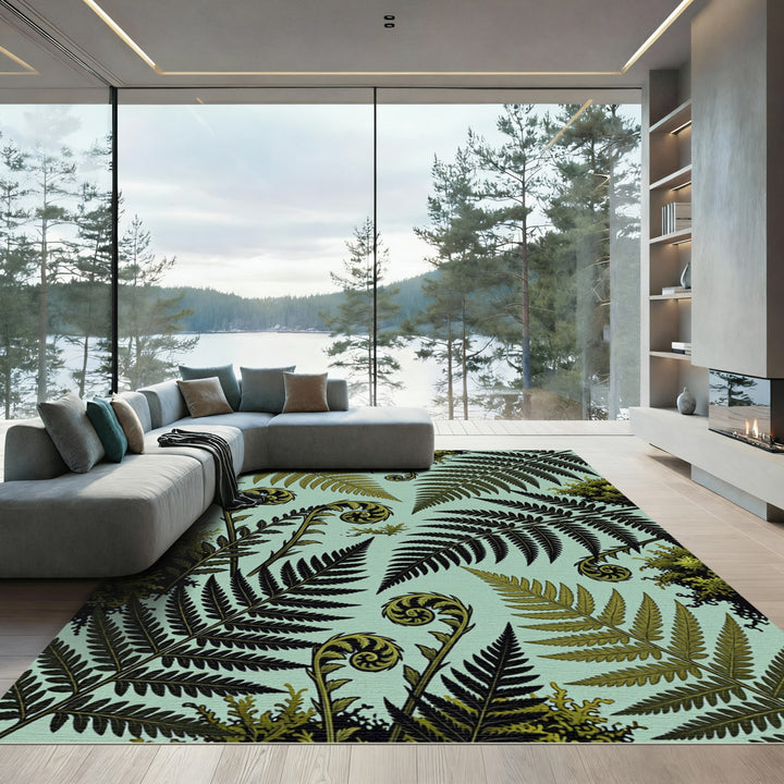 Fern Frond Foliage Teal Background Rug