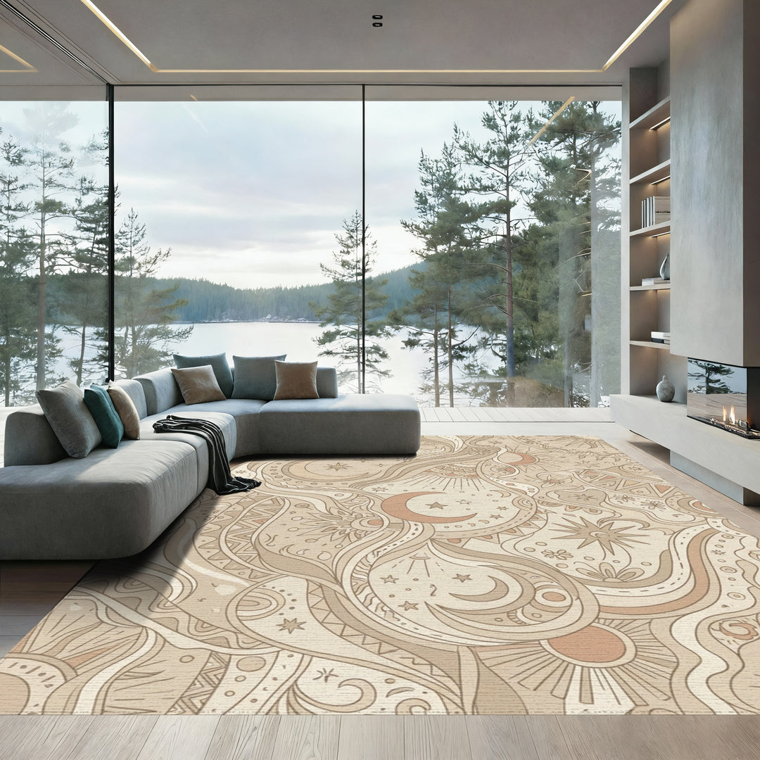 Earthy Celestial Sun Moon Stars Rug