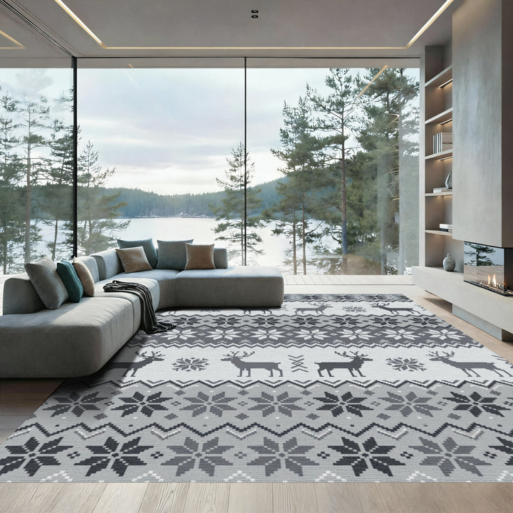 Gray Deer Snowflake Geometric Knit Rug