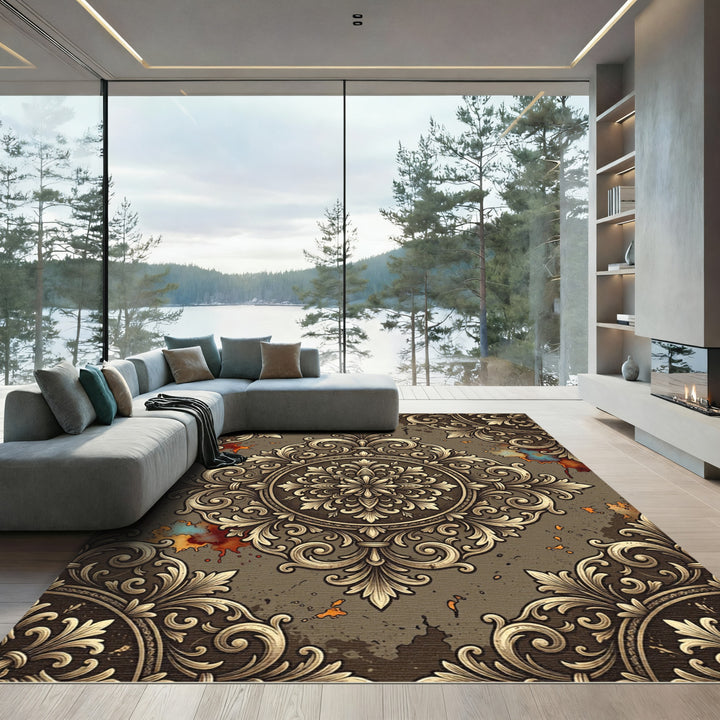 Antique Gold Damask Ornamental Medallion Rug