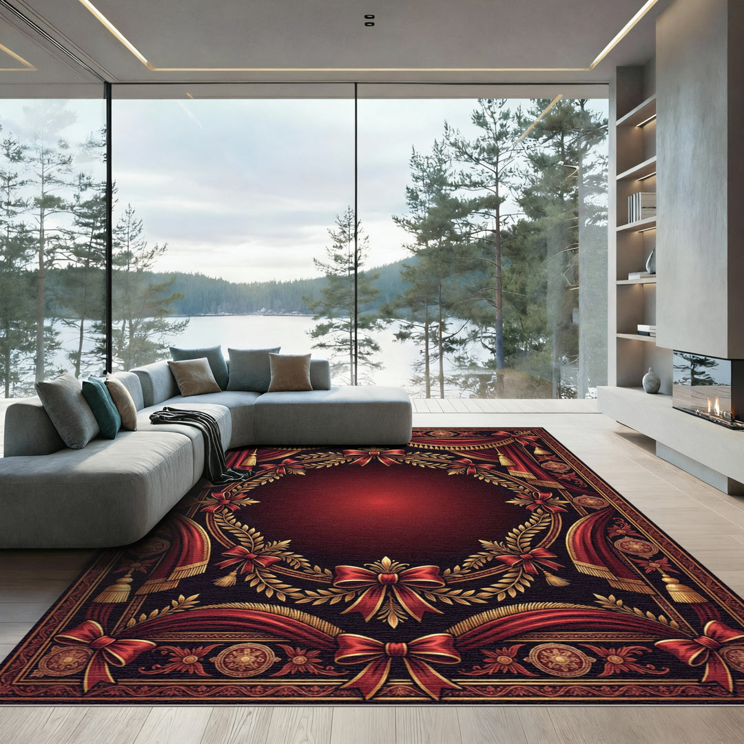 Ornate Red Gold Laurel Wreath Rug