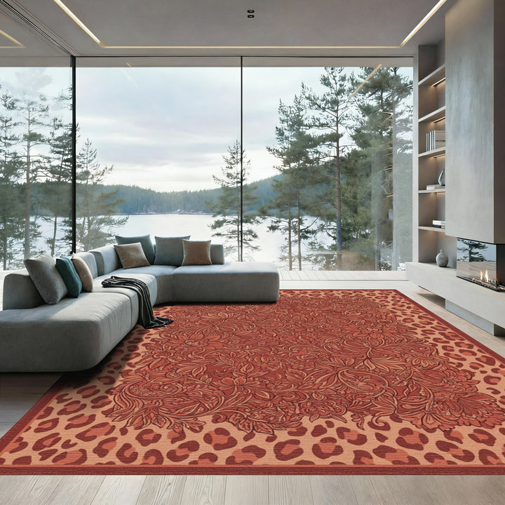 Terracotta Floral Leopard Garden Rug