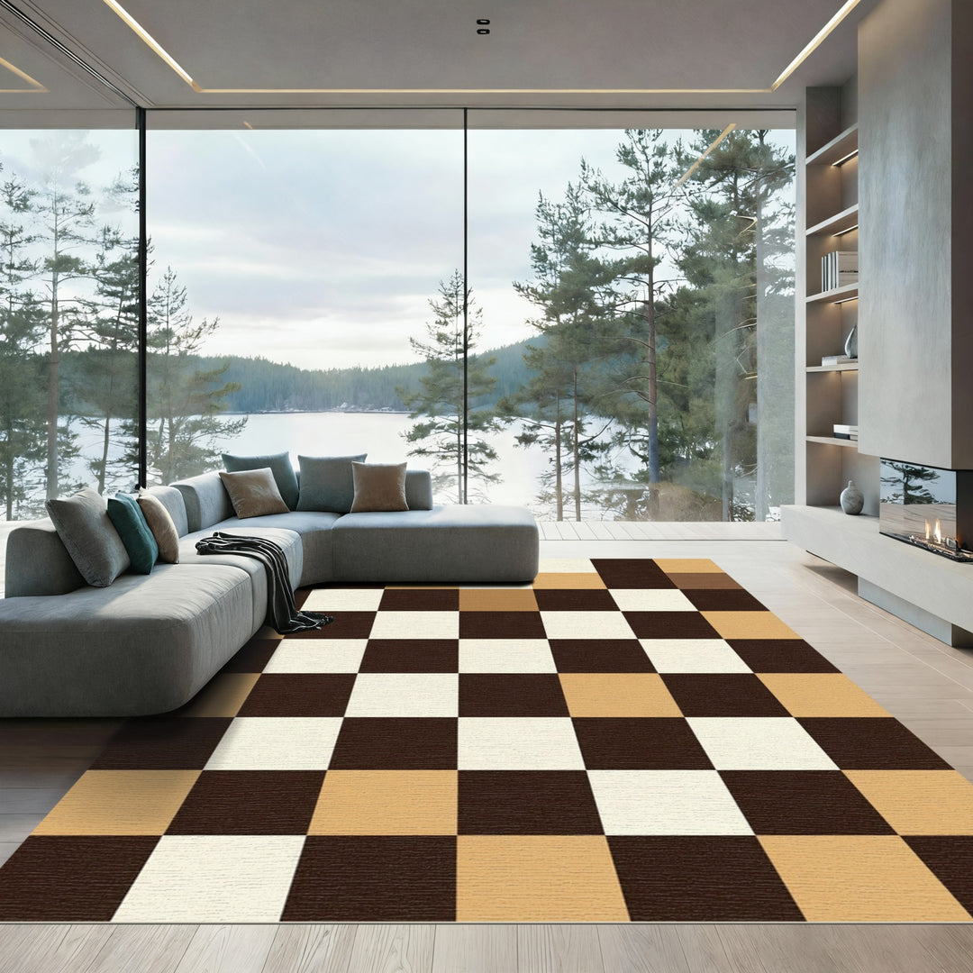 Brown Cream Tan Checkerboard Squares Rug