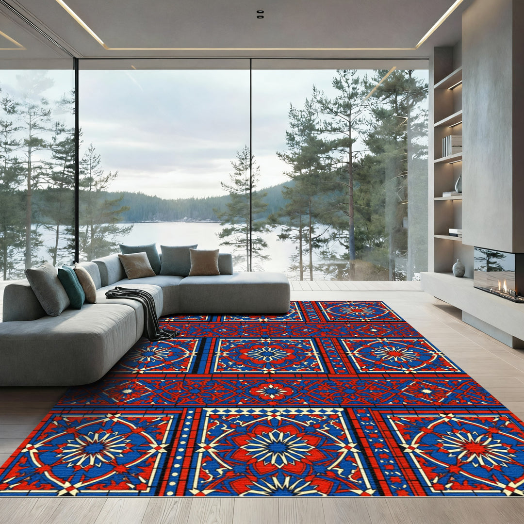 Bold Red Blue Geometric Medallion Runner Rug