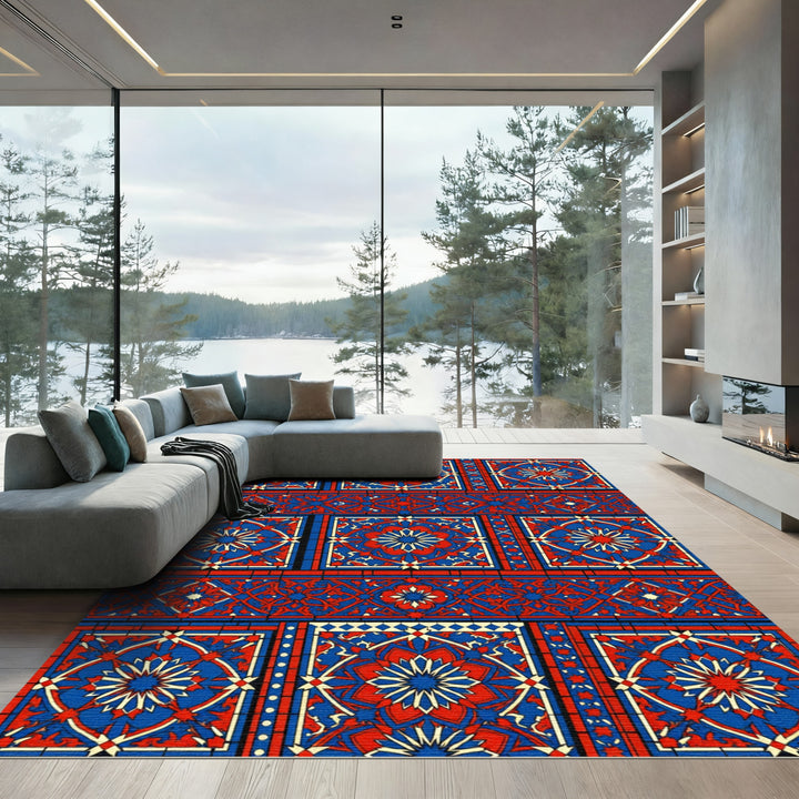 Bold Red Blue Geometric Medallion Runner Rug