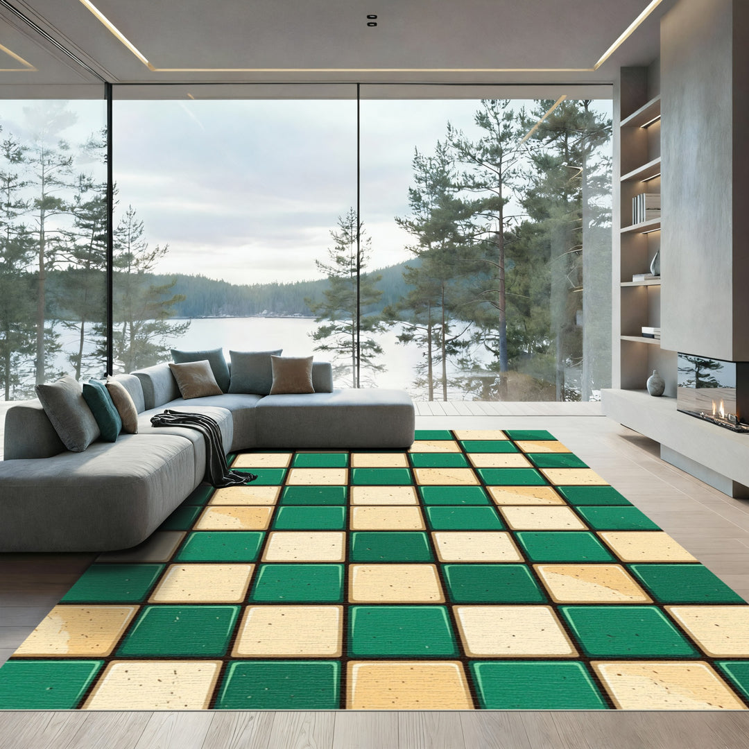 Emerald Cream Checkered Squares Rug