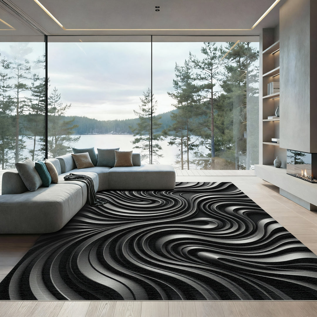 Monochrome Curving Liquid Metal Swirls Rug