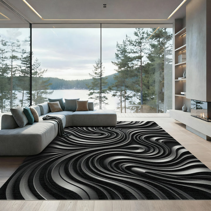 Monochrome Curving Liquid Metal Swirls Rug
