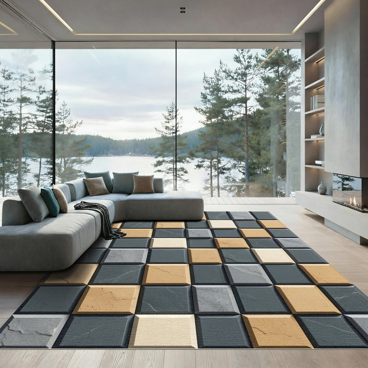 Tonal Square Marble Effect Texture Rug