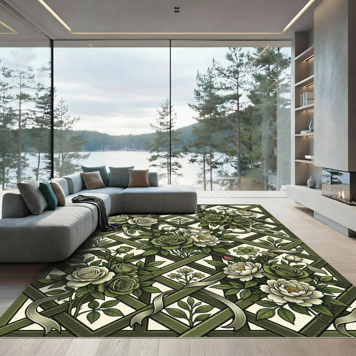 Sage Green Floral Garden Lattice Rug