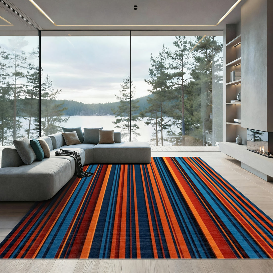 Deep Blue Orange Striped Composition Rug