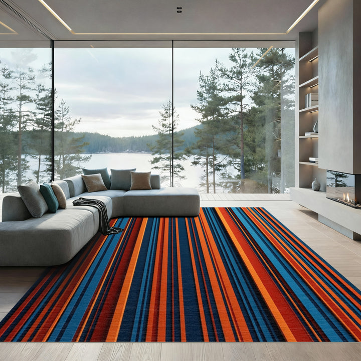 Deep Blue Orange Striped Composition Rug
