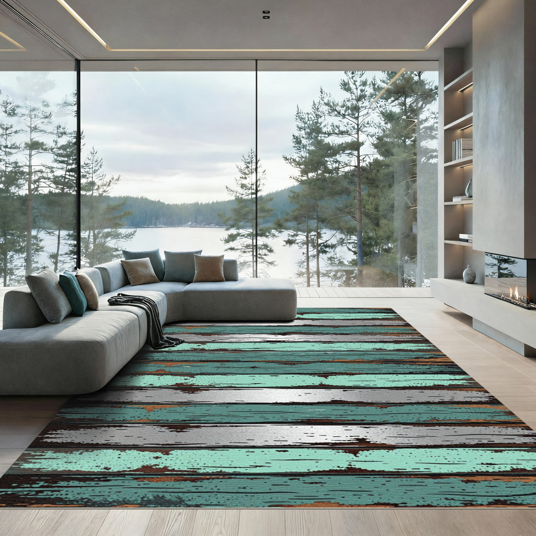 Aged Teal Silver Wood Grain Rug