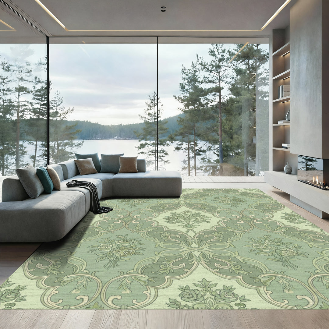 Sage Green Floral Rococo Arch Rug