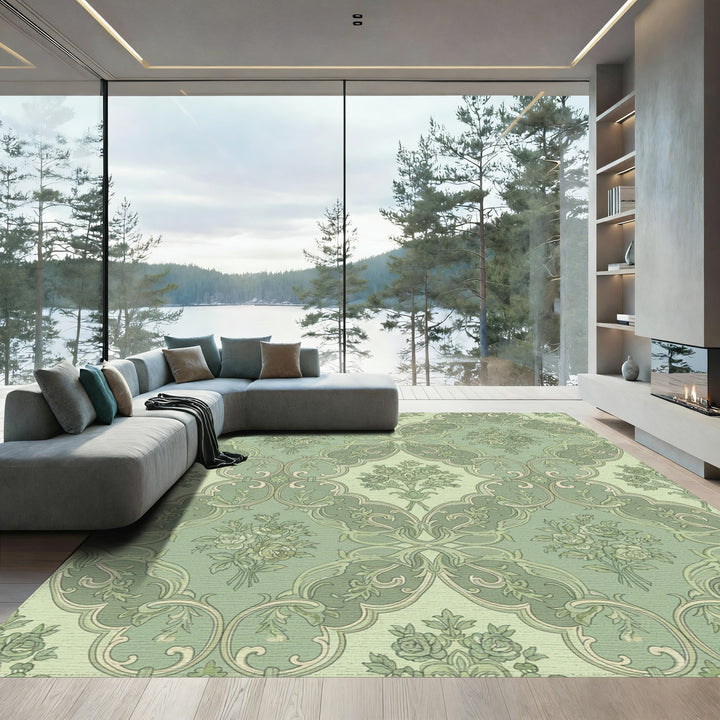 Sage Green Floral Rococo Arch Rug