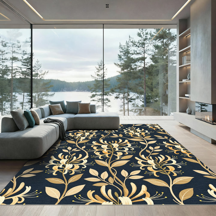 Golden Honeysuckle Vine Navy Rug