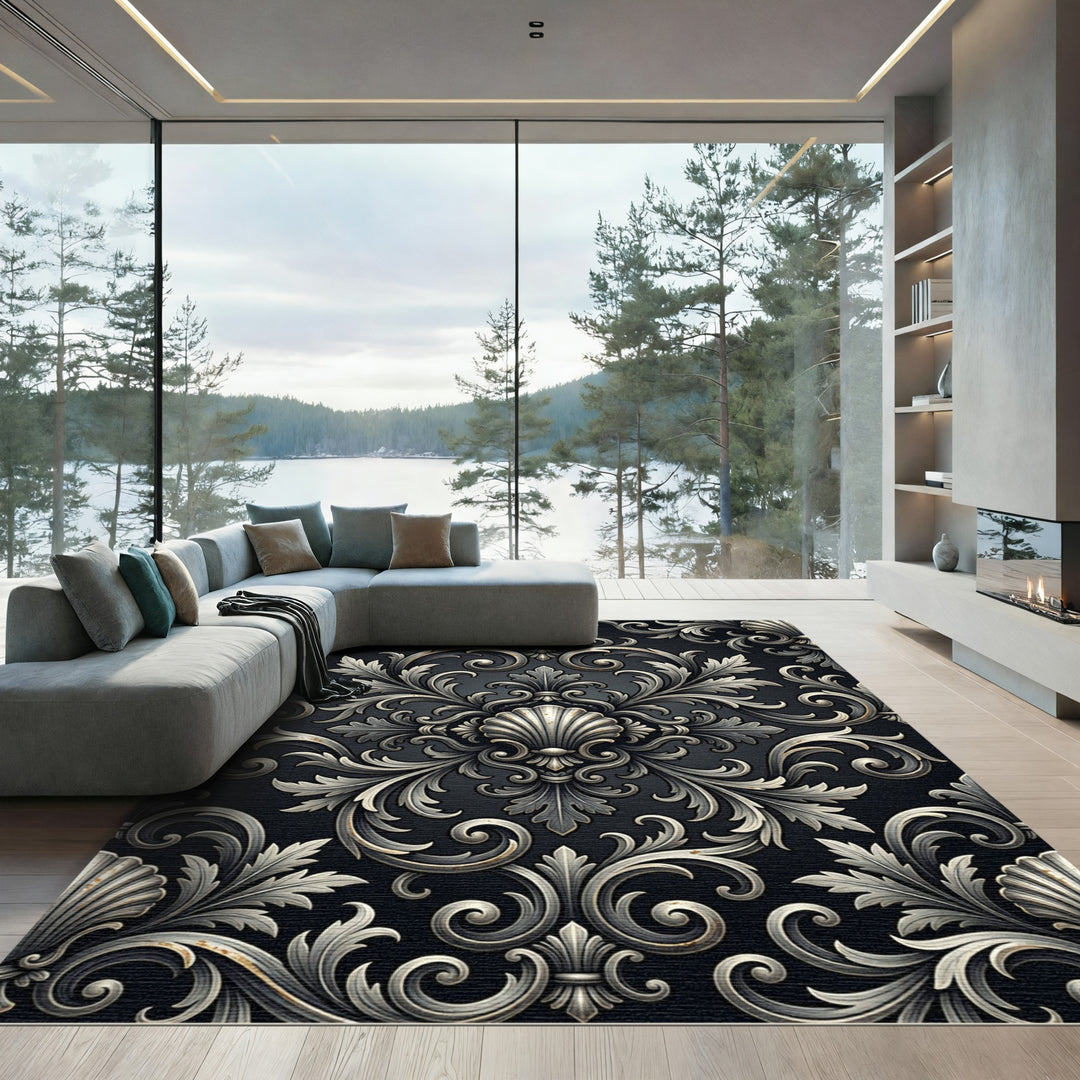 Ornate Silver Scrollwork Damask Rug