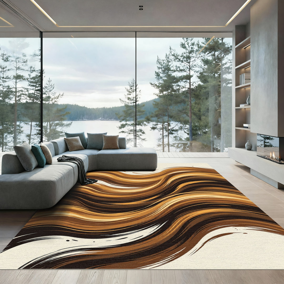 Rich Brown Abstract Flowing Waves Rug
