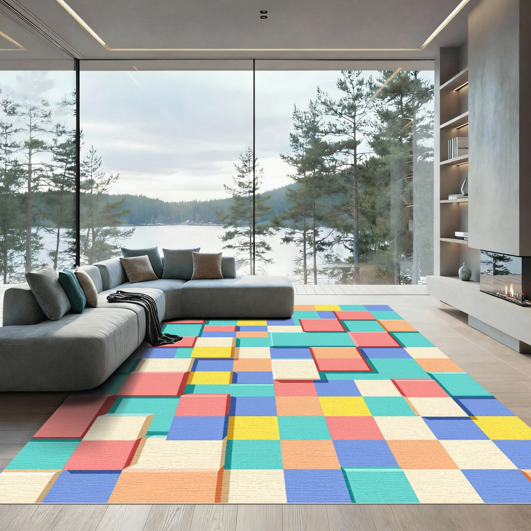 Retro Coral Teal Yellow Geometric Blocks Rug