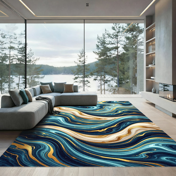 Deep Navy Blue And Gold Waves Rug