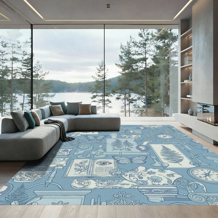 Antique Blue Botanical Butterfly Collage Rug