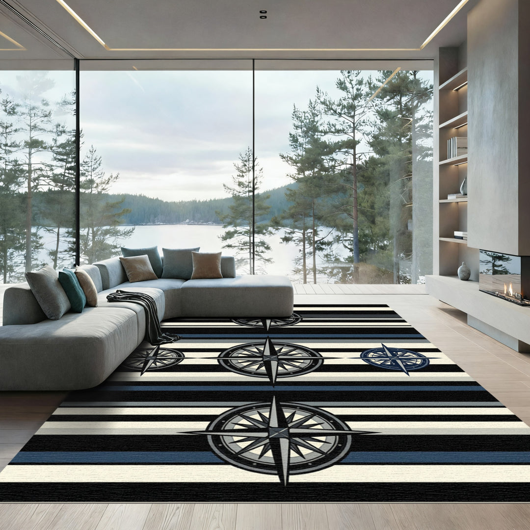 Nautical Navy Compass Rose Stripes Rug
