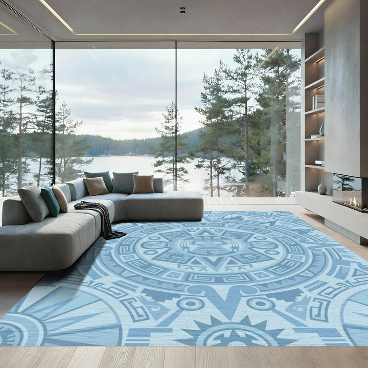 Cool Blue Ancient Calendar Round Rug