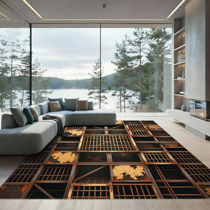 Industrial Rusted Metal Grid Blocks Rug