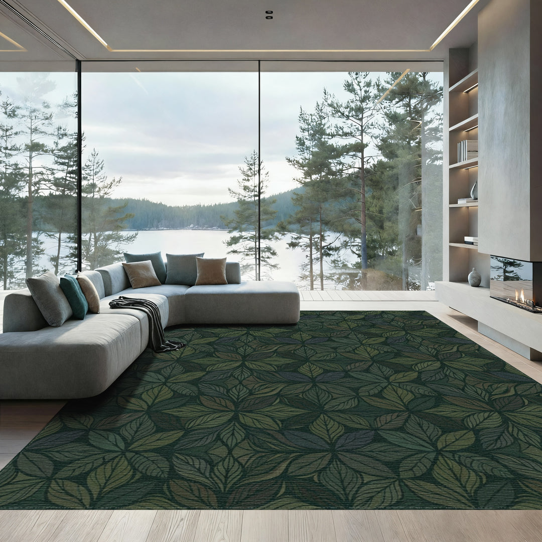 Deep Forest Lush Leaf Mandala Rug