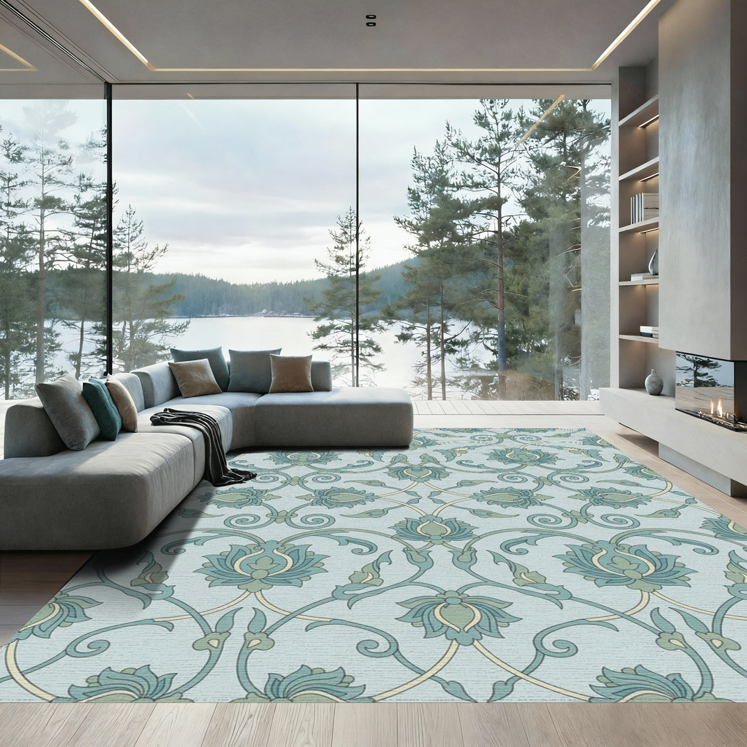Serene Blue Green Floral Lattice Rug