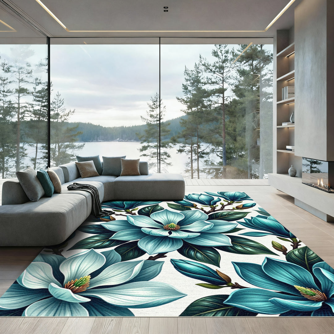 Teal Magnolia Blooms on White Rug