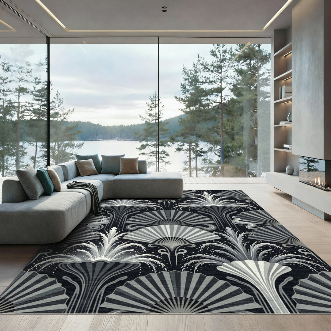 Art Deco Fountain Fan Black White Rug