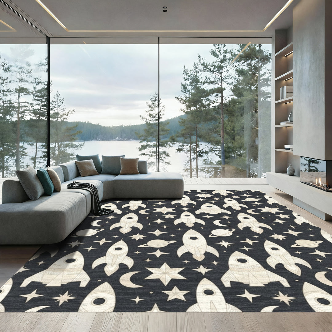 Cream Rockets Stars Moon Planets Rug
