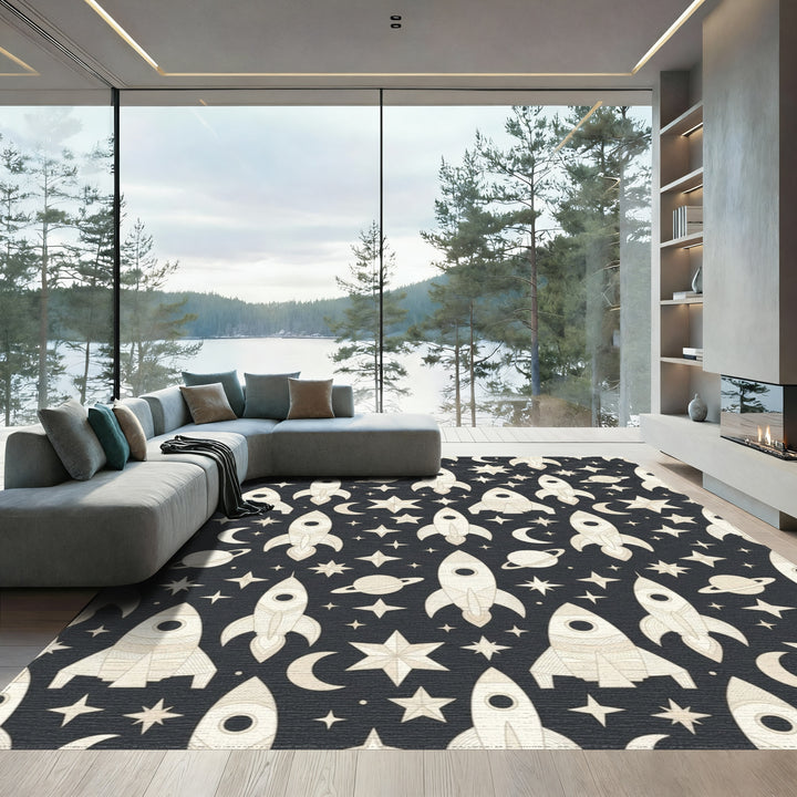 Cream Rockets Stars Moon Planets Rug