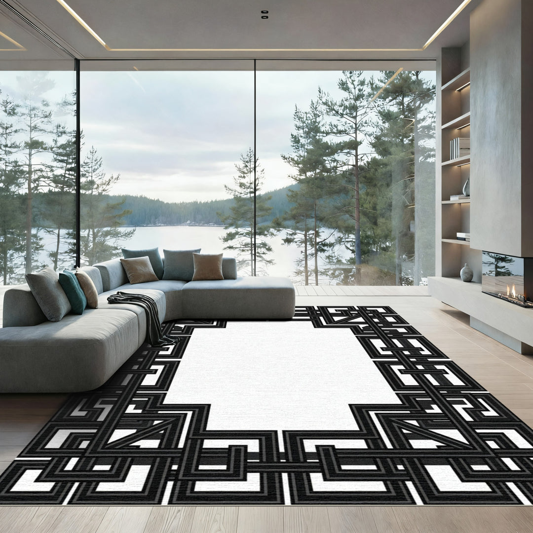 Dark Geometric Frame Rug