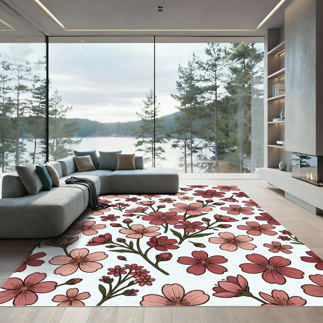 Rosy Pink Floral Branches Pattern Rug