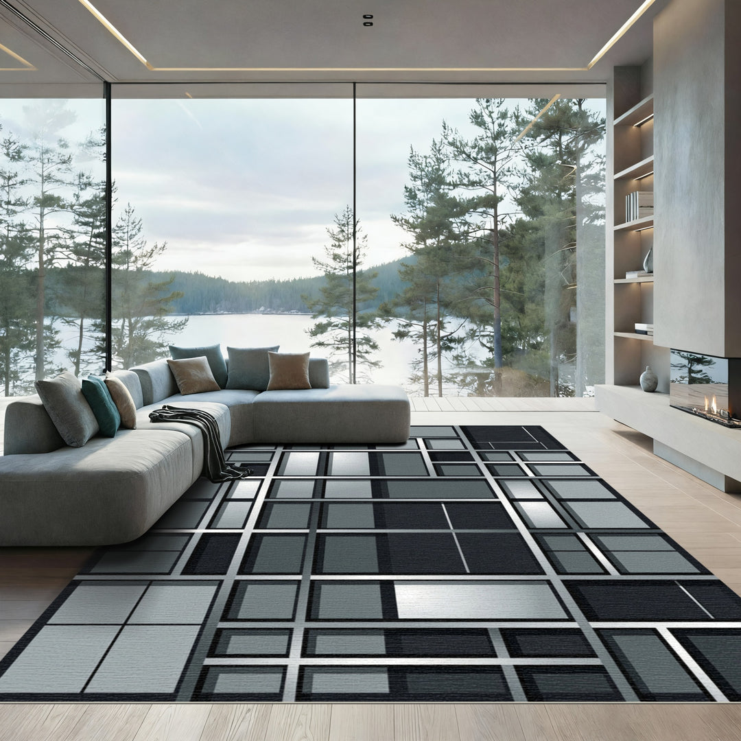 Modern Geometric Monochrome Architectural Rug