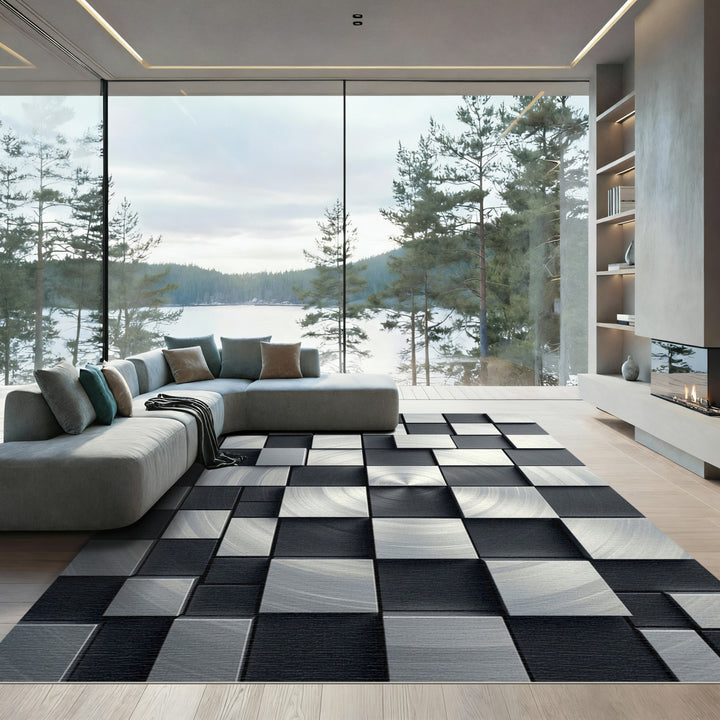 Modern Brushed Metal Squares Rug