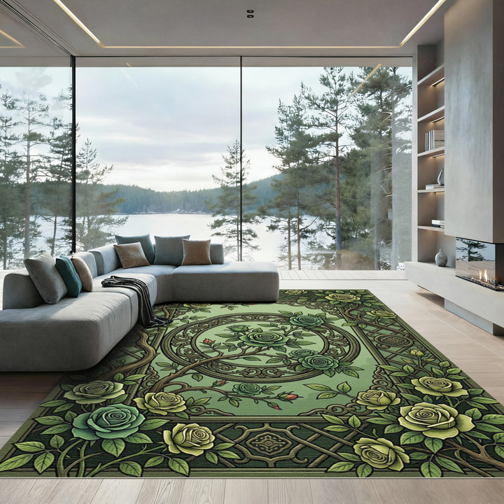 Green Floral Scrollwork Rose Garden Rug