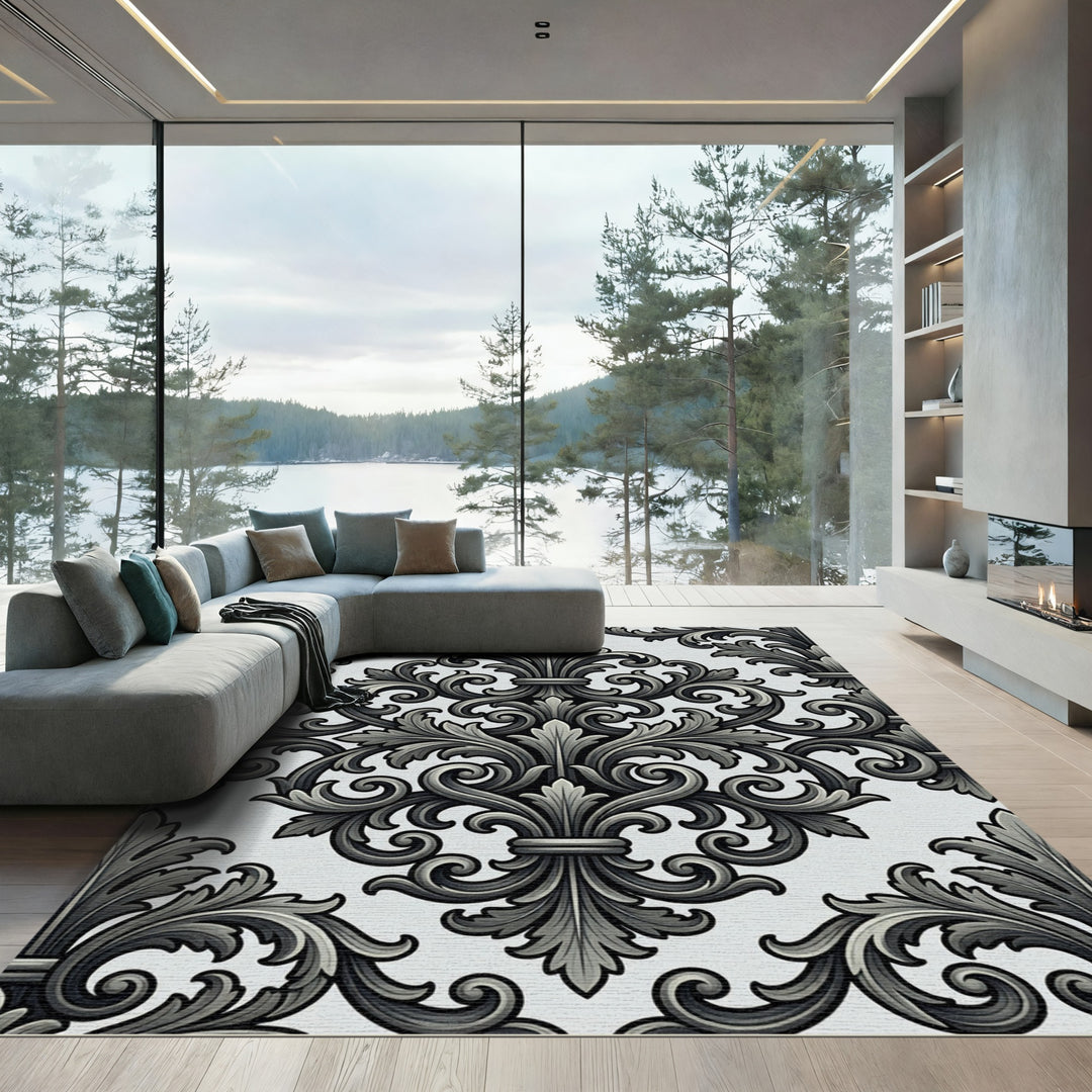 Elegant Charcoal Fleur-de-lis Scrollwork Rug