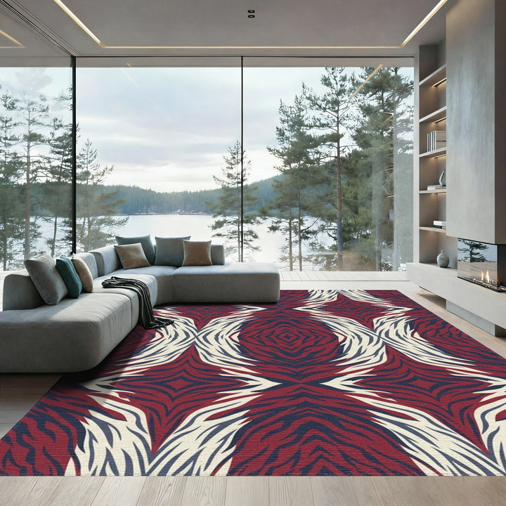 Deep Red Blue White Zebra Stripes Rug