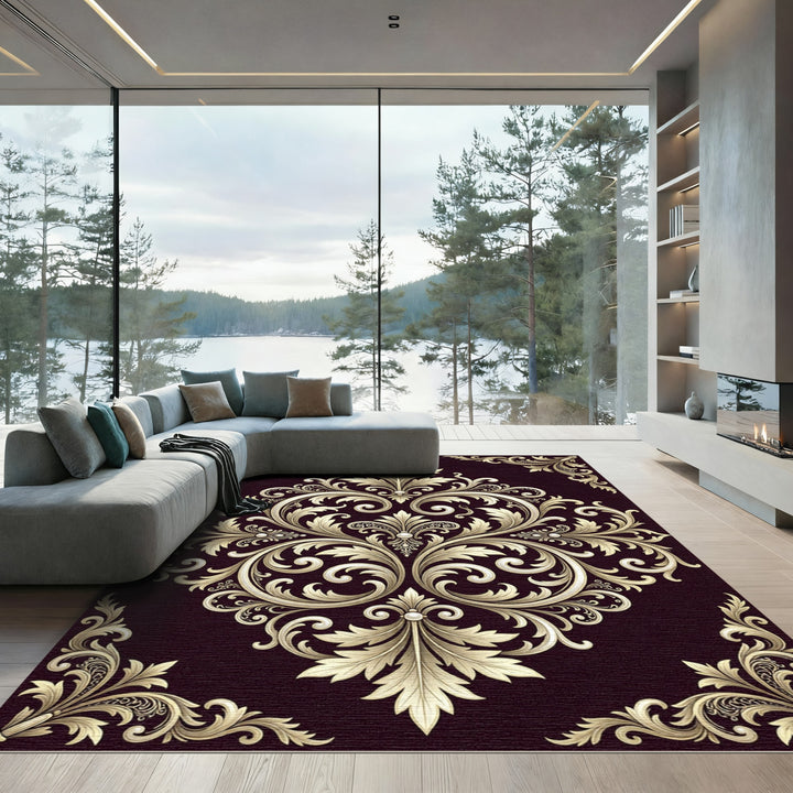 Gilded Gold Acanthus Leaf Damask Rug