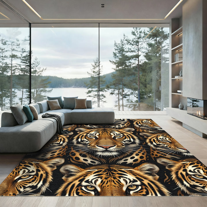 Bold Tiger Faces Black Background Rug