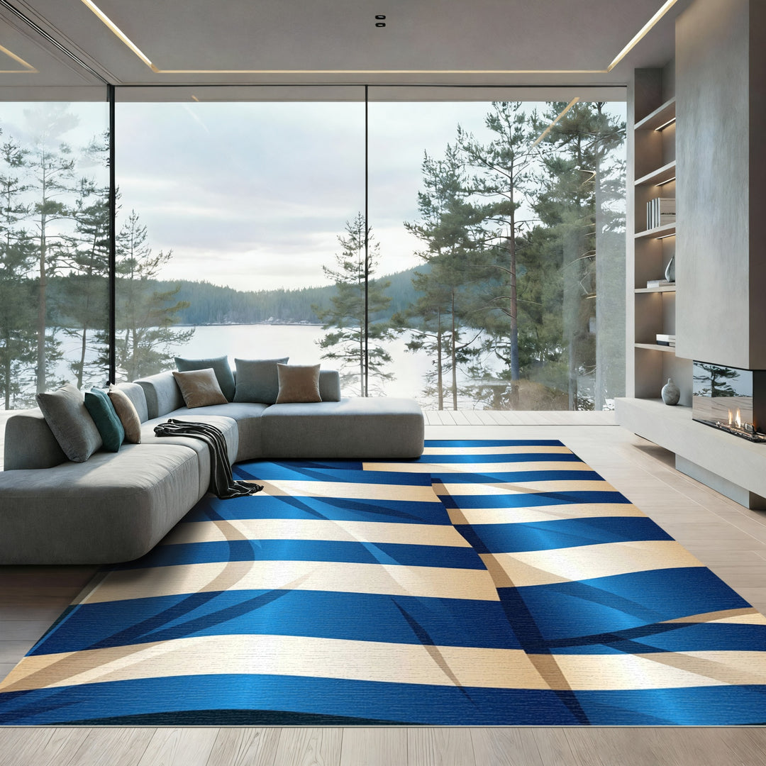 Deep Blue White Horizontal Stripe Rug