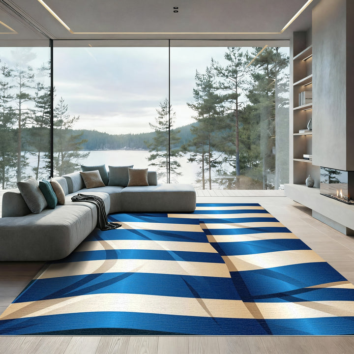 Deep Blue White Horizontal Stripe Rug