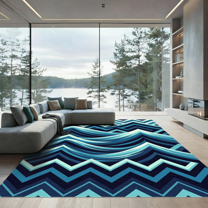Deep Blue Layered Wave Zigzag Rug