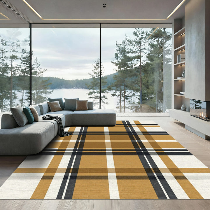 Golden Brown Plaid Grid Pattern Rug