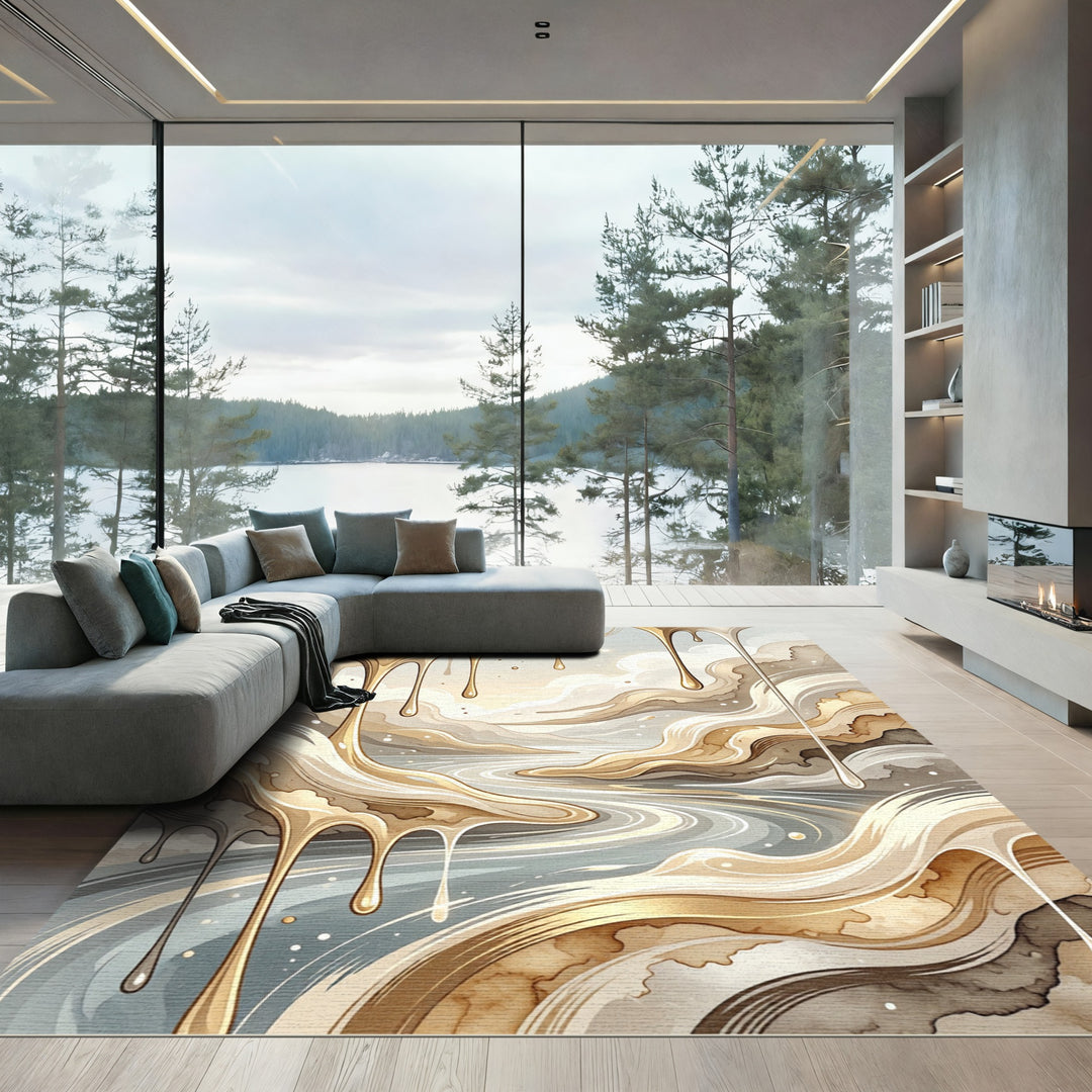 Golden Drip Abstract Watercolor River Rug